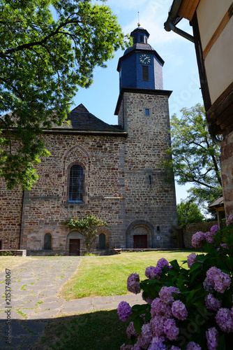  the historic romanic church tower and building of the Lippoldsberg monastery, framed by a vibrant blooming purple hydrangea bush in the foreground during summer.