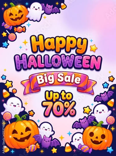 Happy halloween cute pixel art sale poster with pumpkins ghosts and candy halloween promotion discount celebration colorful invitation