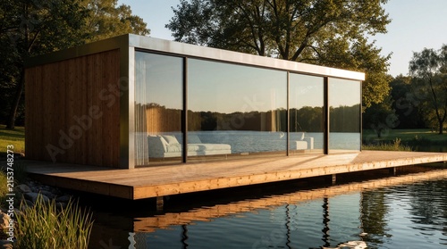 Modern minimalist container home with large glass walls sits on wooden deck over calm lake water. Luxury tiny house architecture features eco design, scenic waterfront view. Contemporary prefab villa