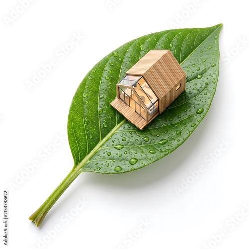 Small wooden rustic house model placed on a fresh green dew covered leaf representing sustainable living and natural housing concepts