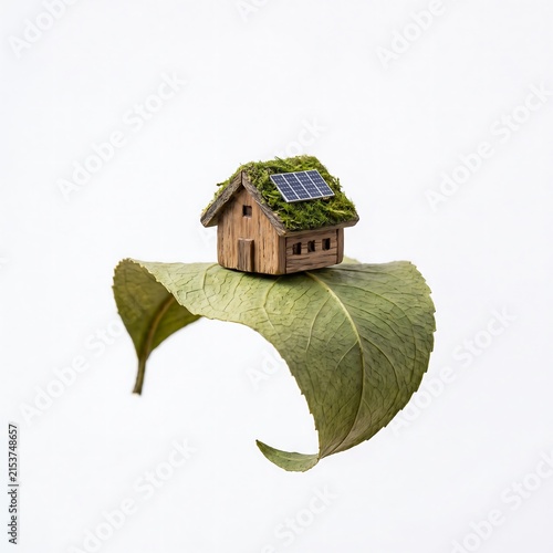 Miniature wooden house with green roof and solar panels sits on a single large leaf depicting sustainable and renewable energy living