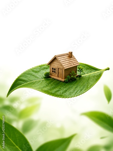 Small residential wooden house model floating on a single green dew covered leaf in an ecological concept for sustainable living with property