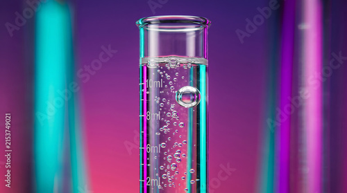 Close up of a graduated cylinder filled with clear liquid and bubbles against a vibrant neon purple and teal background