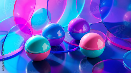 Abstract arrangement of colorful glossy spheres and rounded shapes in a vibrant neon blue and pink gradient background