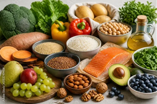 Fototapeta na wymiar Assorted healthy foods arranged on kitchen countertop display