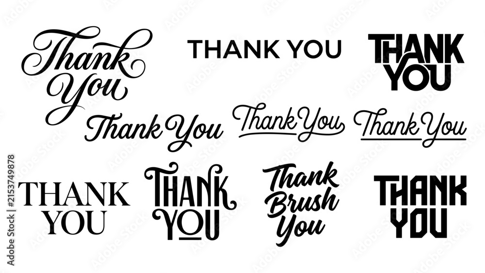 Fototapeta premium Various black thank you text designs including script and bold fonts for messages