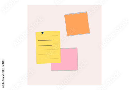 Colorful sticky notes attached to white paper board for creative planning and visual information.