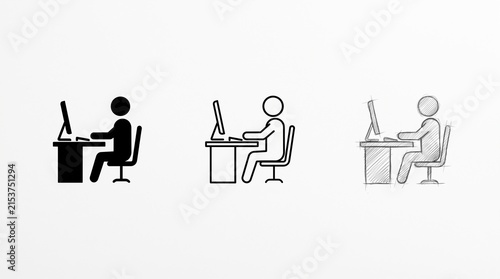 Simplified computer desk icons labeled Work, Digital, and Activity, representing modern tasks and technology in minimal pictogram style…