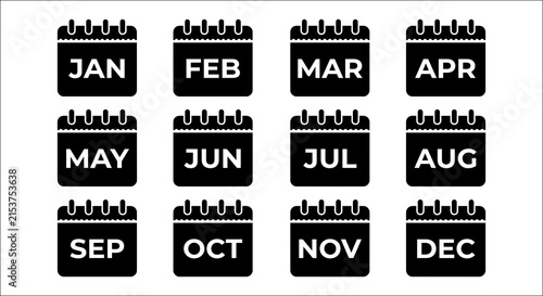 Twelve calendar icons representing months of the year black and white vector illustration january february