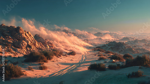 Dreamlike crystal wilderness expansive rocky landscape glowing skies Images