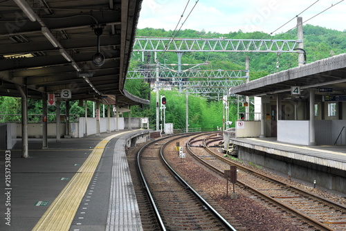 фотографія 静寂に包まれたローカル線の駅構内：曲線を描くプラットホーム