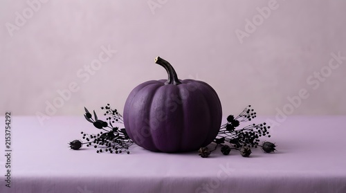 Deep Purple Pumpkin with Dark Foliage on Lavender Tablecloth
