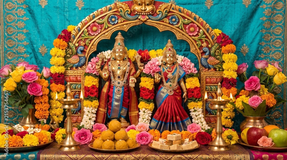 Fototapeta premium Radha Ashtami celebration photography, colorful temple interior with Radha-Krishna idols adorned with fresh flowers