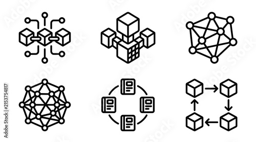 Blockchain and Decentralized Network Line Icon Set