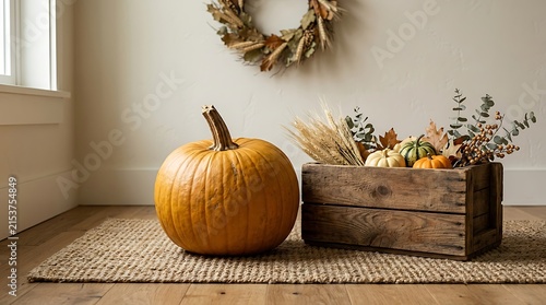 Harvest display with large pumpkin and wooden crate