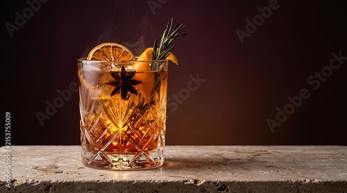 Old fashioned cocktail with orange slice and rosemary garnish