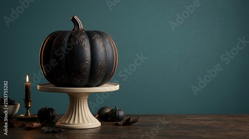 Ornate Black Pumpkin on Pedestal with Candlelight halloween