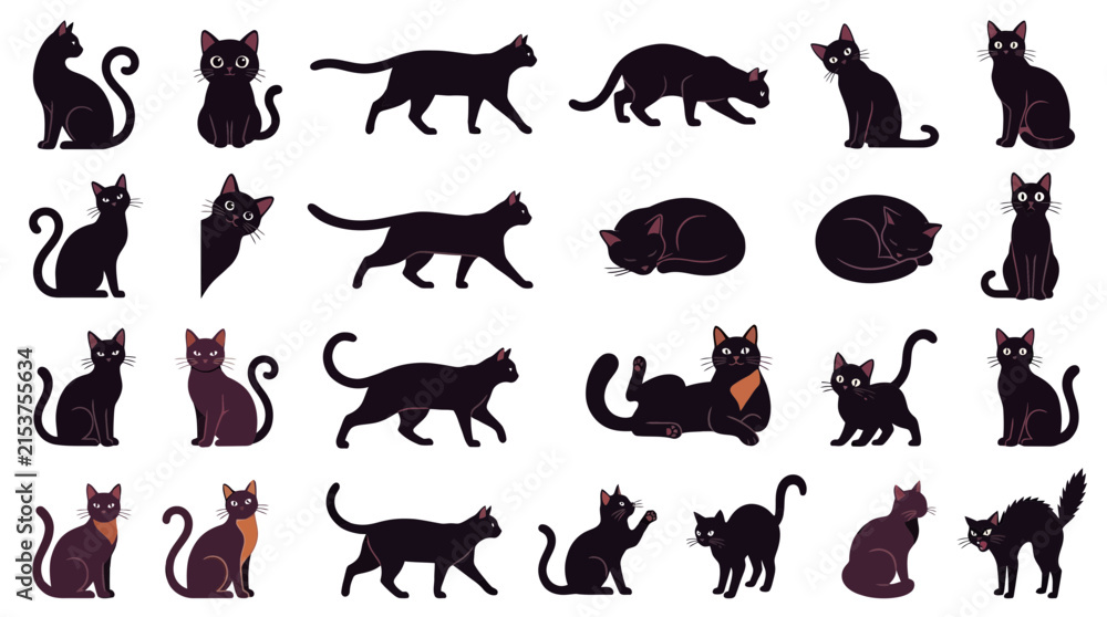 Fototapeta premium Black Cat Silhouette Collection, Feline Sets, Vector Pets, Kitten Shapes, Cartoon Cats, Pet Designs isolated on White Background
