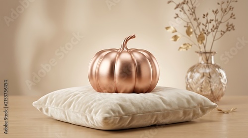 Rose gold pumpkin on pillow with vase and dried flowers