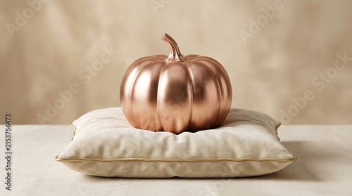 Rose gold pumpkin on plush pillow with soft background