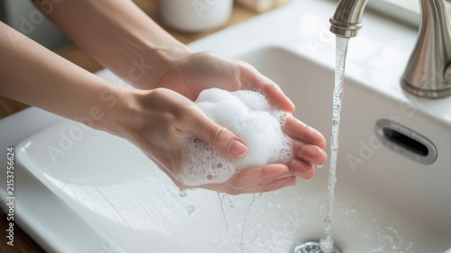 Woman Washing Hands with Liquid Soap in Modern Sink