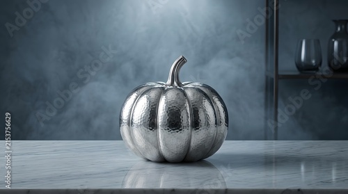 Silver hammered pumpkin on marble surface with smoky background