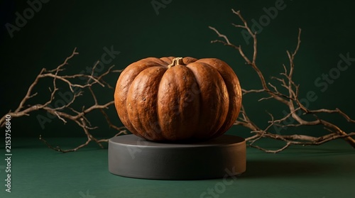 Single pumpkin on pedestal with bare branches autumn