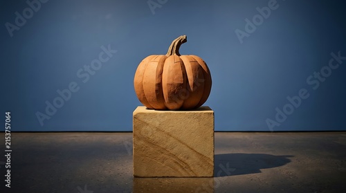 Terracotta Pumpkin Sculpture on Stone Pedestal object