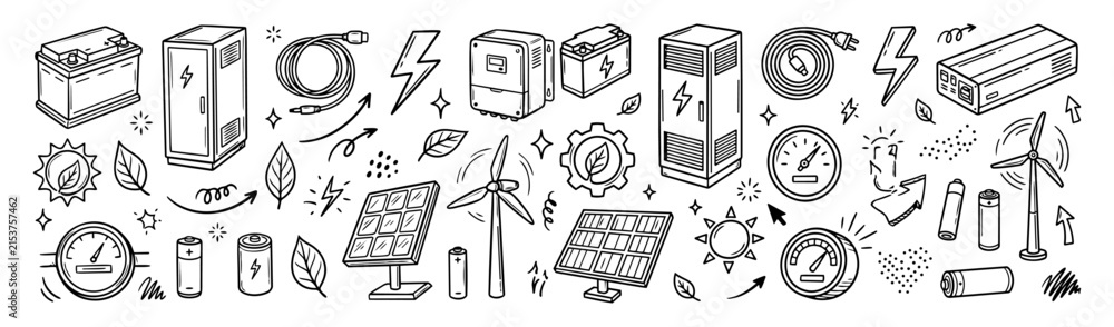 Fototapeta premium Hand drawn doodle vector mega pack of battery storage featuring battery packs, energy storage cabinets, charging cables, electric bolts, inverters, solar panels and renewable energy symbols 