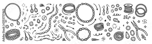 Hand drawn doodle vector mega pack of beaded jewelry featuring beaded necklaces, bracelets, earrings, loose beads, bead strands, jewelry wire, crimp beads and clasps isolated on white background
