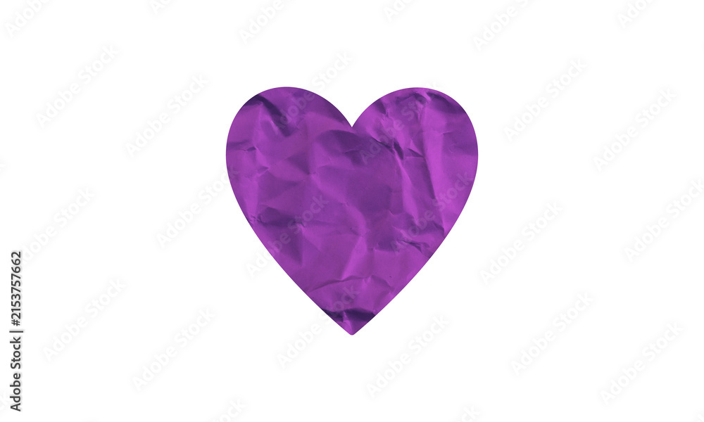 Fototapeta premium Purple heart shape with a wrinkled paper texture isolated on a white background