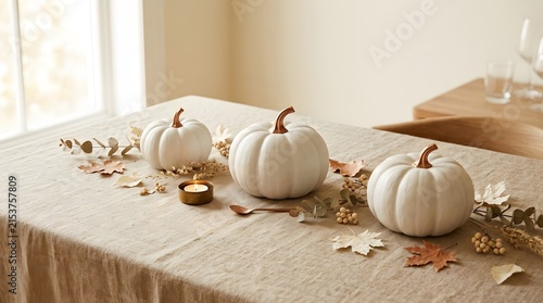 White Pumpkins And Candle On A Table For Autumn Decor