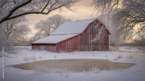 Rustic Wooden Barn in Snowy Winter Landscape