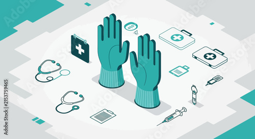 Medical Supplies And Equipment Depicted With Healthcare Elements In Isometric Illustration