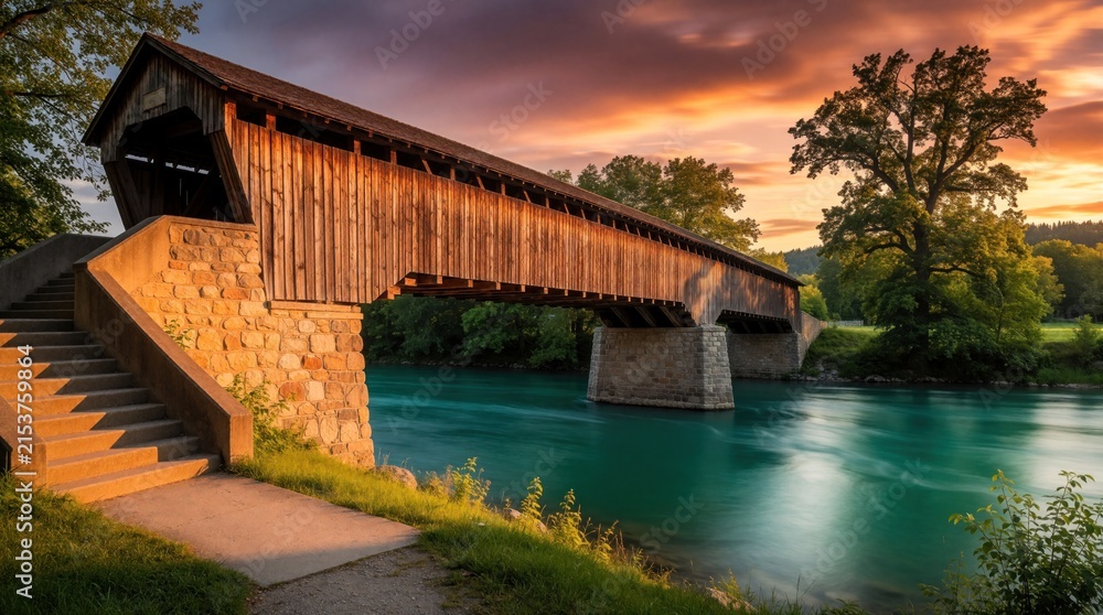 Fototapeta premium Old wooden covered bridge crosses calm turquoise river at sunset. Rustic timber structure sits on stone pillars in scenic nature landscape. Golden sky with clouds reflects on water. Peaceful rural