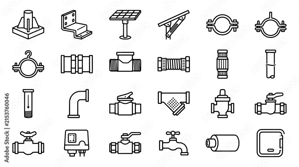 Fototapeta premium Plumbing and piping system components outline vector icon set with plumbing fittings connector connection infrastructure
