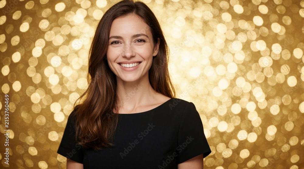 Obraz premium Young woman smiles widely against sparkling gold bokeh background. She wears a black dress, radiating happiness and warmth. Perfect for celebrations, parties, or beauty themes.