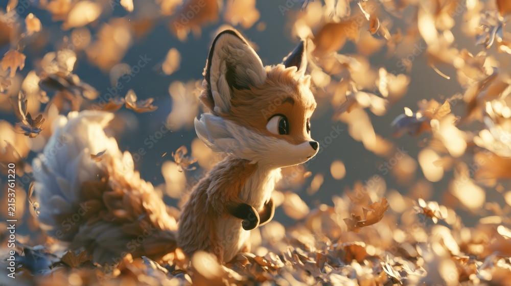 Naklejka premium A friendly fox character enjoys jumping and playing in colorful leaves during autumn in a forest with warm sunlight filling the scene.