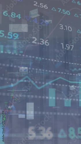 Animation of statistical and stock market data processing against blue background
