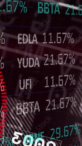 Animation of stock market data processing and spinning globe against red background