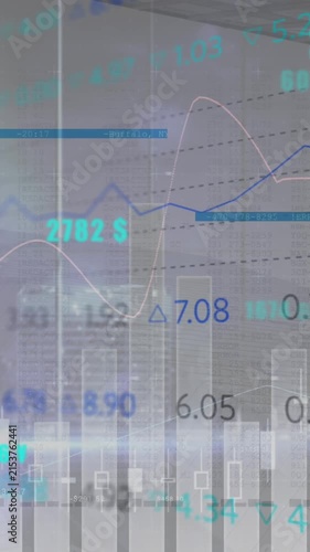 Animation of statistical and stock market data processing against grey background