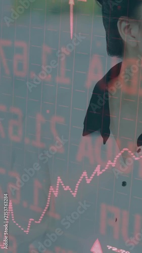 Animation of financial data processing over asian businesswoman using computer