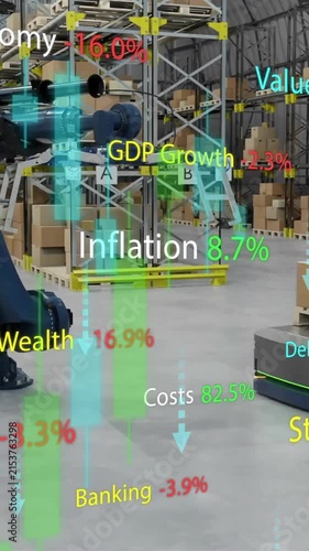Animation of diagrams and stock market over machines working in warehouse