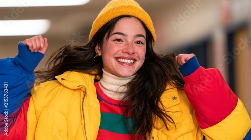 Joyful Teenage Girl with Multicolored Jacket and Yellow Beanie, Posing Indoors