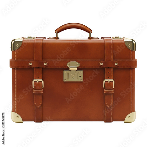 Vintage brown leather suitcase with brass hardware and handles