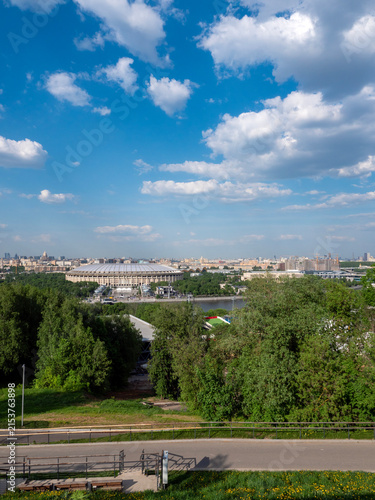 Panoramic view of Moscow urban landscape from Sparrow Hills with city buildings, skyline and clear sky