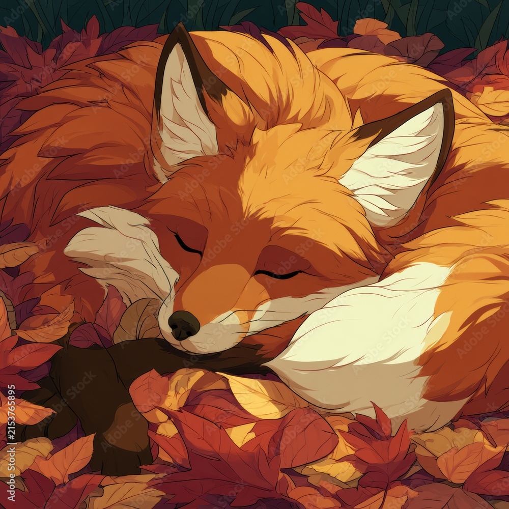 Naklejka premium A fox is resting comfortably in a pile of colorful autumn leaves, surrounded by trees and nature in a quiet forest.