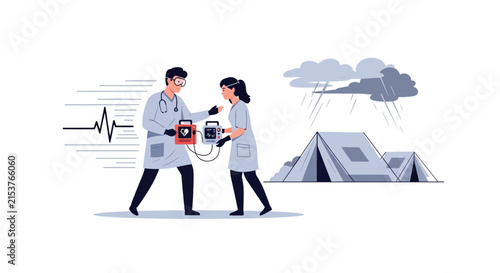 Medical Professionals Responding To Emergency In A Stormy Environment Providing Aid