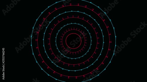 Abstract glowing circular rings with dashed lines in blue and red neon colors creating a futuristic digital technology interface design motion, animation, loop, video