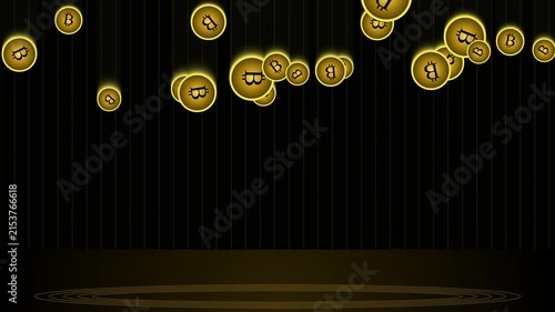 Golden crypto currency coins falling from the top edge onto a reflective circular platform with vertical stripe background design motion, animation, loop, video